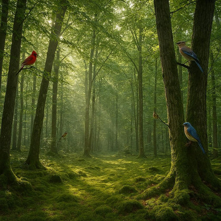 Beautiful forest landscape with two birds on a tree in the morning