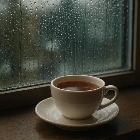 Cup of hot coffee on the windowsill with raindrops.
