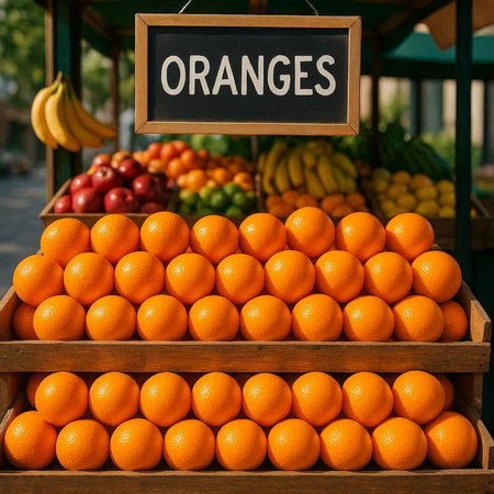 Tangerines on the counter of a fruit market in France.