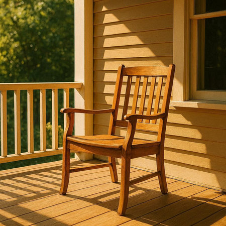 Wooden chair on the balcony of a country house in summer.
