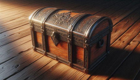 Old treasure chest on the wooden floor. 3D illustration. Vintage style.
