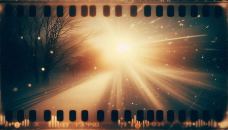 Film strip with winter landscape and trees. Filtered image processed vintage effect.
