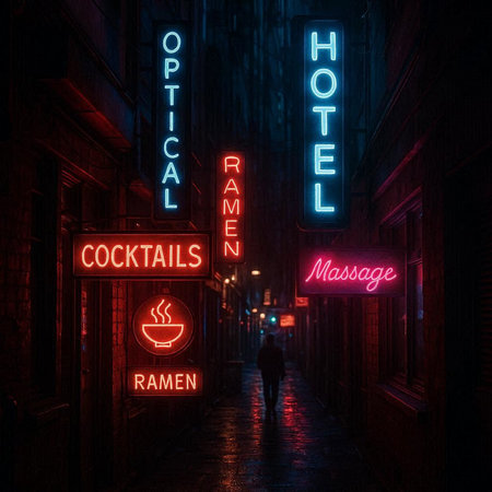 Coffee shop neon signs in a dark alley in London.