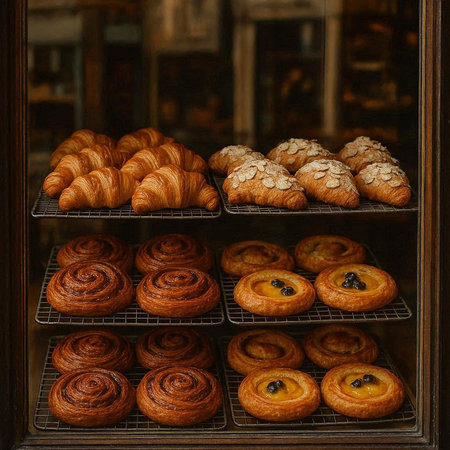 Freshly baked buns and croissants in bakery shop window