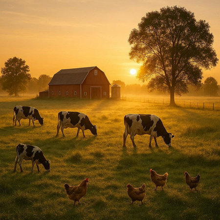 Cows graze in the meadow at sunrise. Rural landscape.