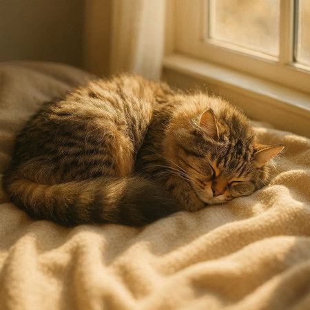 Cute tabby cat sleeping on the window sill at home.