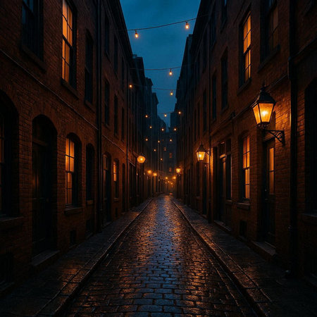 Old street at night in Boston, Massachusetts, United States of America.