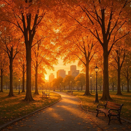 Sunset in the autumn park with bench and trees in the foreground