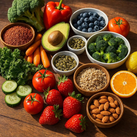 Healthy food clean eating selection: fruits, vegetables, superfoods on wooden table.