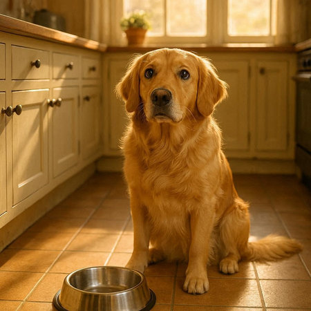 Golden Retriever sitting in the kitchen with a bowl of food