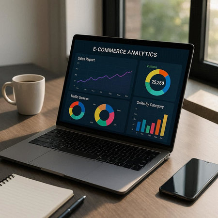 Laptop screen displaying a business analysis concept. All screen graphics are made up.