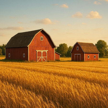 Two red barns in a wheat field in the countryside at sunset