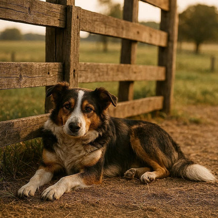 Portrait of australian shepherd dog in the countryside. Shallow depth of field