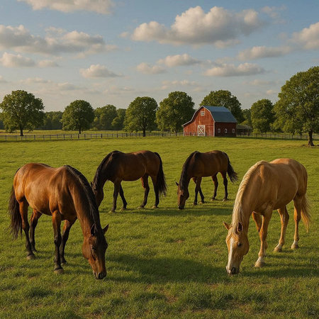 Horses grazing on a green meadow with a red barn in the background