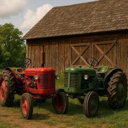 Old farm tractor in front of a rustic barn. 3d render