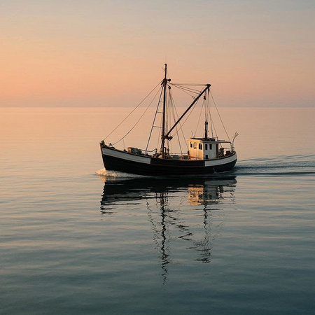 Fishing boat in the sea at sunset, Baltic Sea, Poland