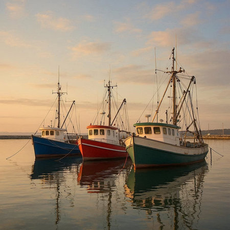 Colorful fishing boats moored in a harbor at sunset in winter