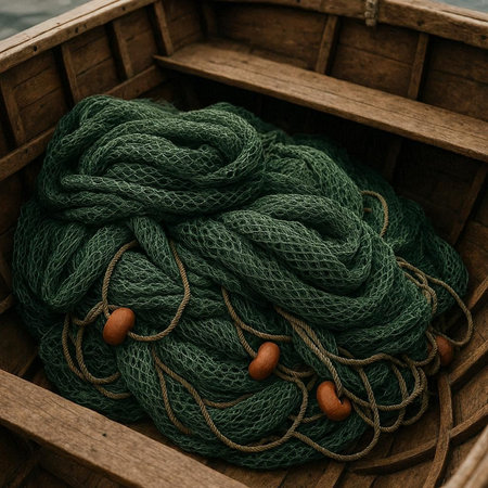 Fishing nets in a wooden boat, close up. Fishing concept