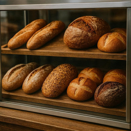 Different types of bread on a shelf in a bakery. Close-up.