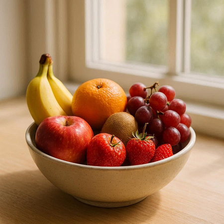 Bowl of fresh fruits on a wooden table by the window.