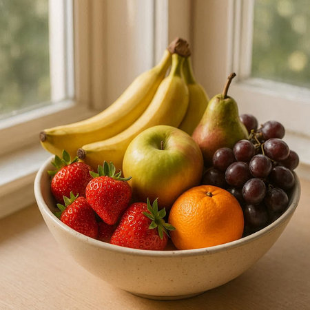Bowl of fresh fruits on the windowsill. Selective focus.