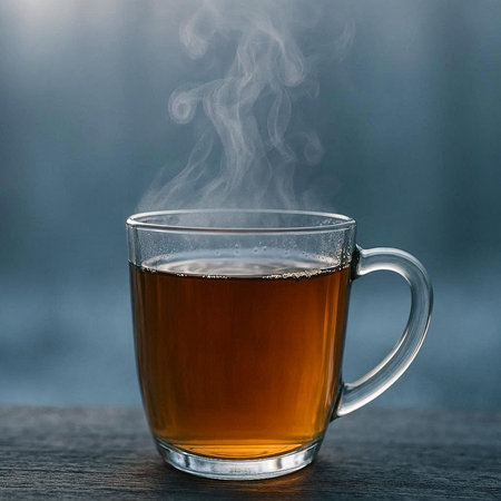 Cup of hot tea with steam on a wooden table. Close up
