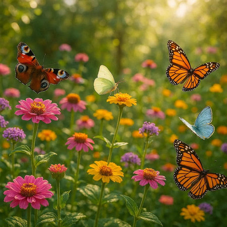 Butterflies on colorful flowers in the meadow. Summer background.