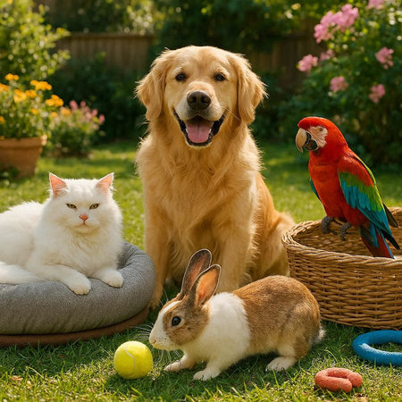 Dog, cat, rabbit and a dog on the grass in the garden