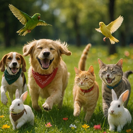 Bunny, cat, dog and pets in the park on a summer day