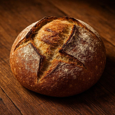 Freshly baked bread on rustic wooden table. Shallow dof.