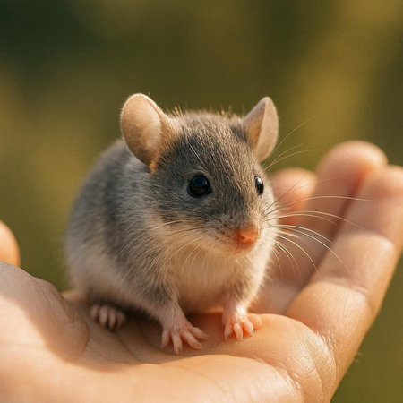Small gray mouse in the hands of a child, close-up