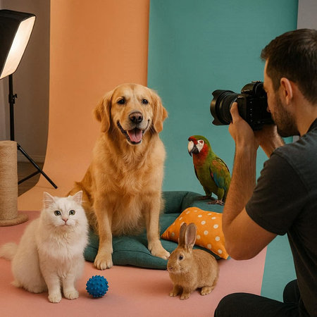 Photographer taking picture of golden retriever dog and cat in studio