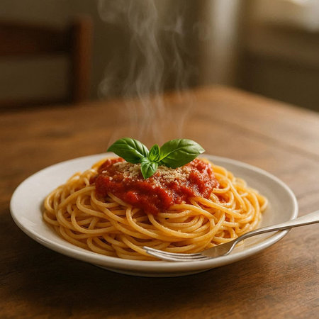 Spaghetti with tomato sauce and basil on a wooden table in a restaurant