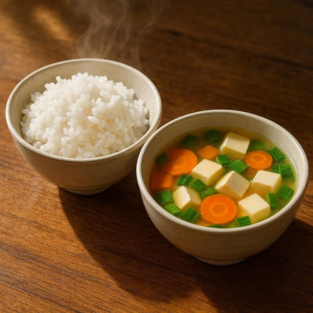 Japanese miso soup with tofu and vegetables on wooden table, closeup