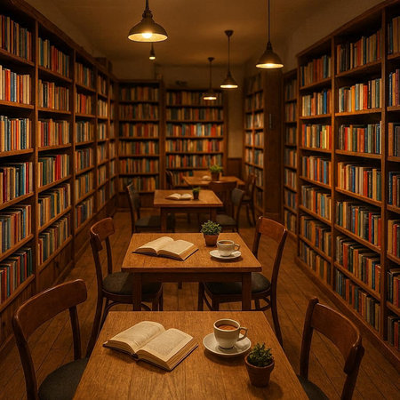 Bookshelf with books and coffee in the library. 3d rendering