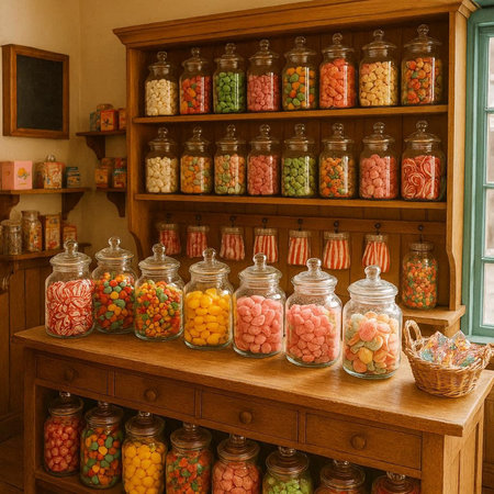 Colorful candies in glass jars on a wooden shelf in a store