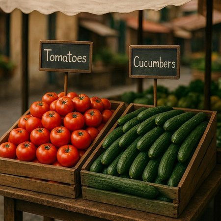 Tomatoes and cucumbers in wooden boxes on a market stall.