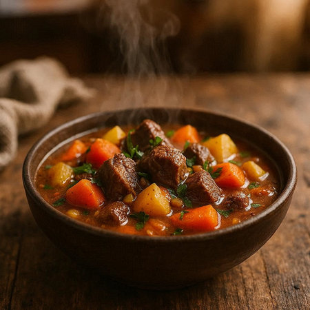 Beef stew with potatoes and carrots in a bowl on wooden background
