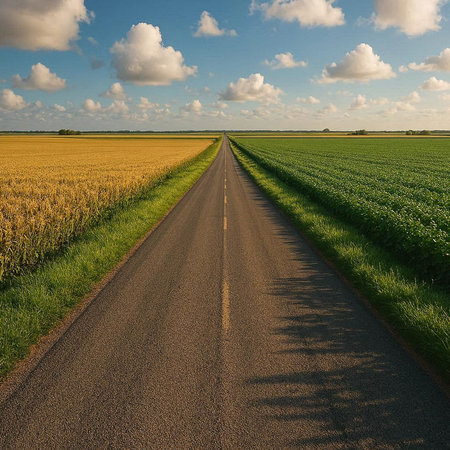 Country road through wheat field in summer with blue sky and white clouds