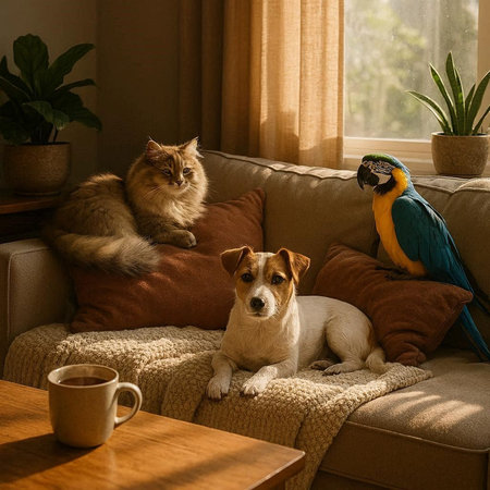 Cat, dog and a macaw sitting on a sofa at home