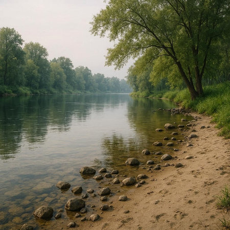 Beautiful summer landscape with river, trees and stones on the shore