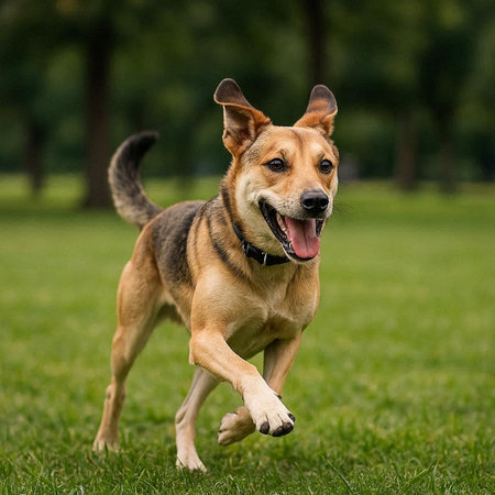 Beagle dog running on the grass in the park. Selective focus.