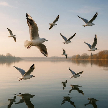 Seagulls flying over the river in the early morning.