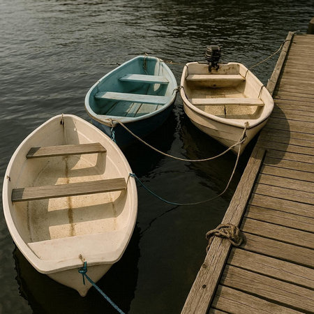 Boats in a row on a wooden pier on a lake.