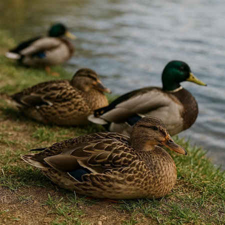 ducks on the shore of a lake in the spring, nature series