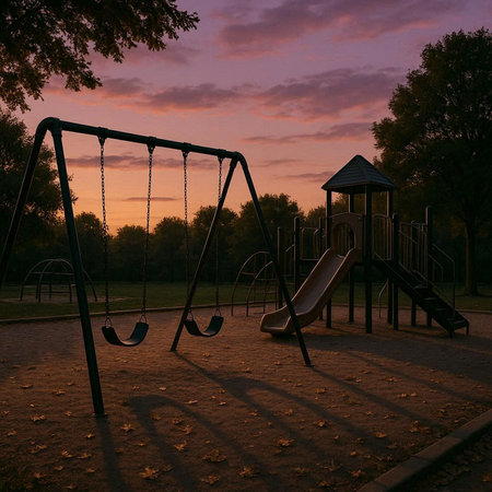 Playground in the park at sunset. Colorful sky with clouds