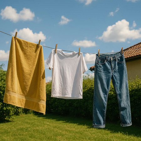 Laundry hanging on clothesline with jeans and white t-shirt