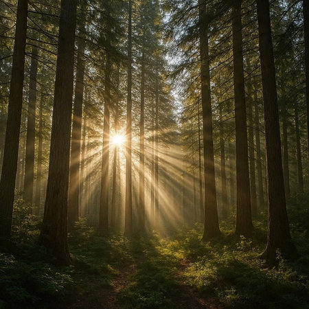 Forest with trees and sunbeams in the morning. Nature background