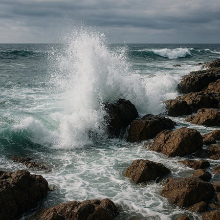 Stormy waves breaking on the rocks at the coast of the Mediterranean Sea