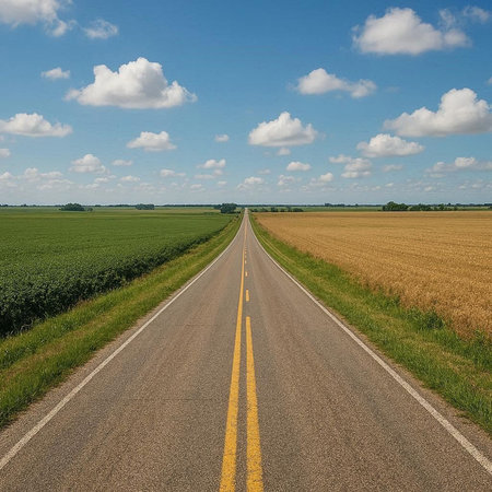 Country road in the field with blue sky and white clouds, retro style